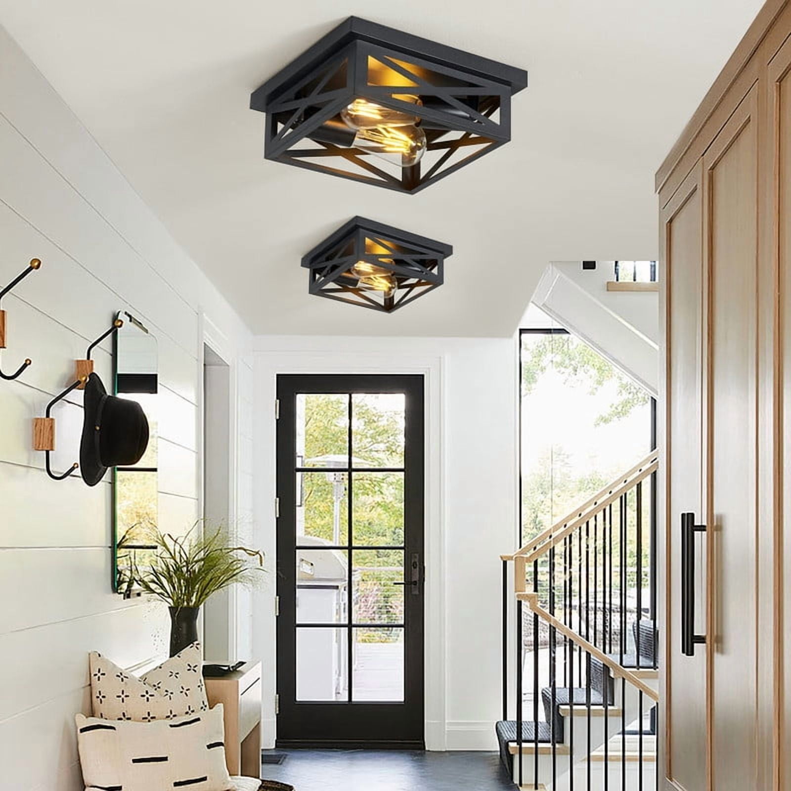 GCGAFUL 2-Pack Farmhouse Flush Mount Ceiling Light, 2-Light Matte Black Rustic Iron Square Ceiling Fixture, Farmhouse Ceiling Decor for Hallways, Kitchens, Living Rooms. E26 Base