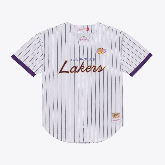 Men's Mitchell & Ness White Los Angeles Lakers Head Coach Pinstripe Mesh Full-Button Baseball Jersey