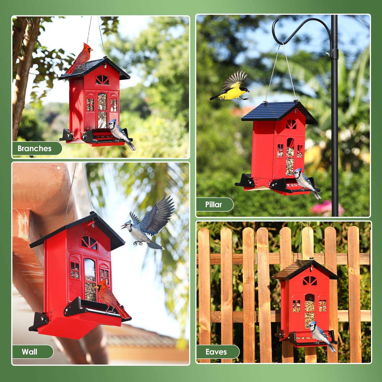 Birdkiss 5lbs Squirrel-Proof Wild Bird Feeder with Bilateral Weight-Activated Perches, 14 Feeding Ports, Outdoor Bird Feeder for Garden Yard Outside, Red
