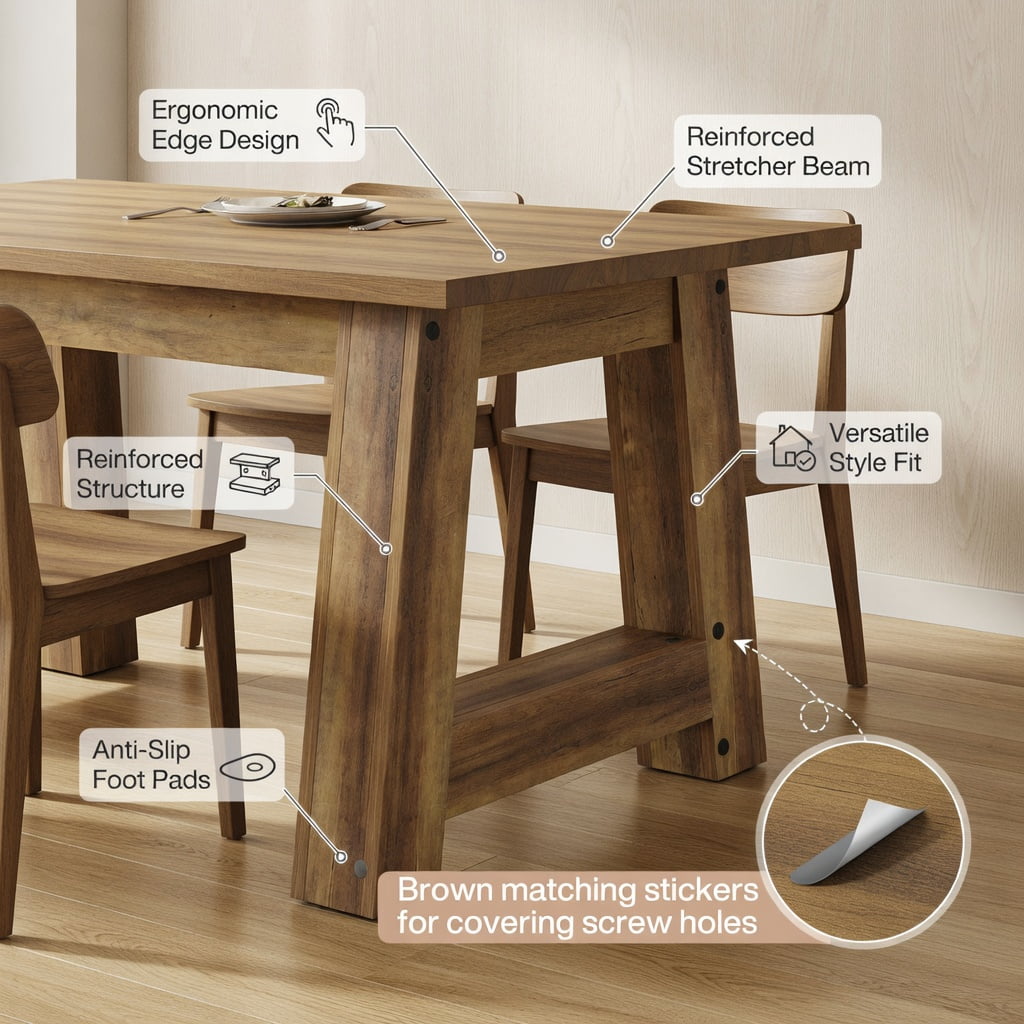 Hommoo Farmhouse Dining Table 62.6 Inch Wide for 4-6 People, Solid MDF Kitchen Table with Sturdy Square Legs, Easy Assembly, Brown