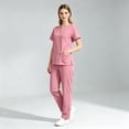 thumbnail image 2 of Scrub Sets for Woman Solid Color V-Neck Short Sleeve Long Pants Nurse Uniform with Pock Pink XL, 2 of 9