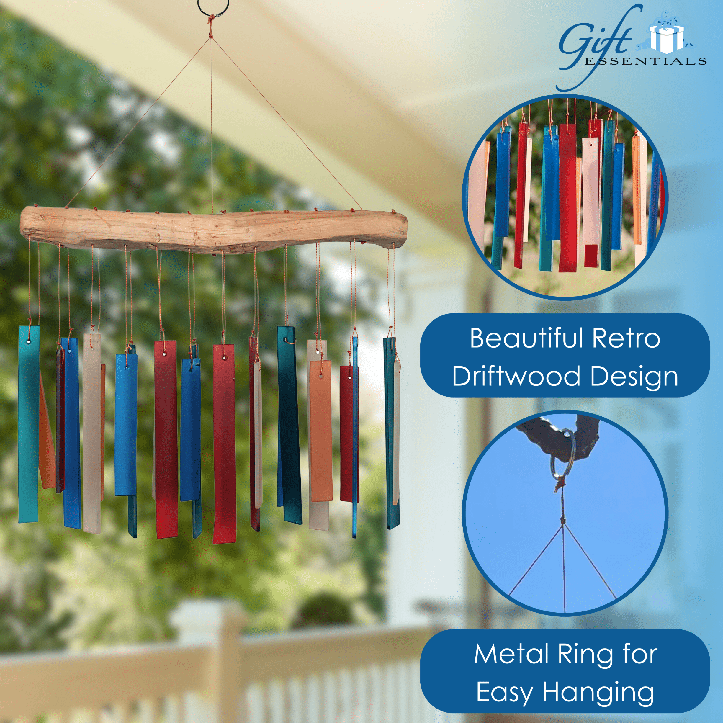 Blue Handworks Retro Colors Glass & Driftwood Chime - Sandblasted Glass and Found Wood Handcrafted Wind Chime for Outdoor and Garden Décor