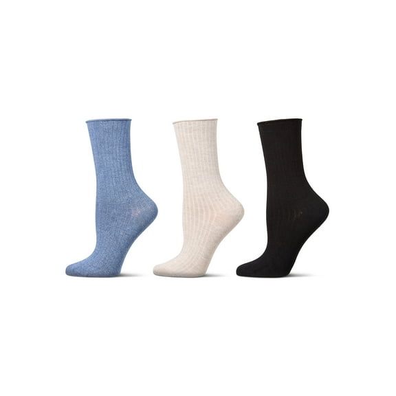 MeMoi 3 Pair Women's Silky-Soft Roll-Top Crew Socks - Womens - Female, 9-11, Denim Heather Multi