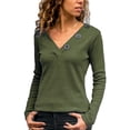 thumbnail image 3 of Camiseta holgada de punto para mujer, Tops de manga larga con cuello en V, empalme de botones, ropa informal de algodón, Color sólido, otoño, 3 of 5