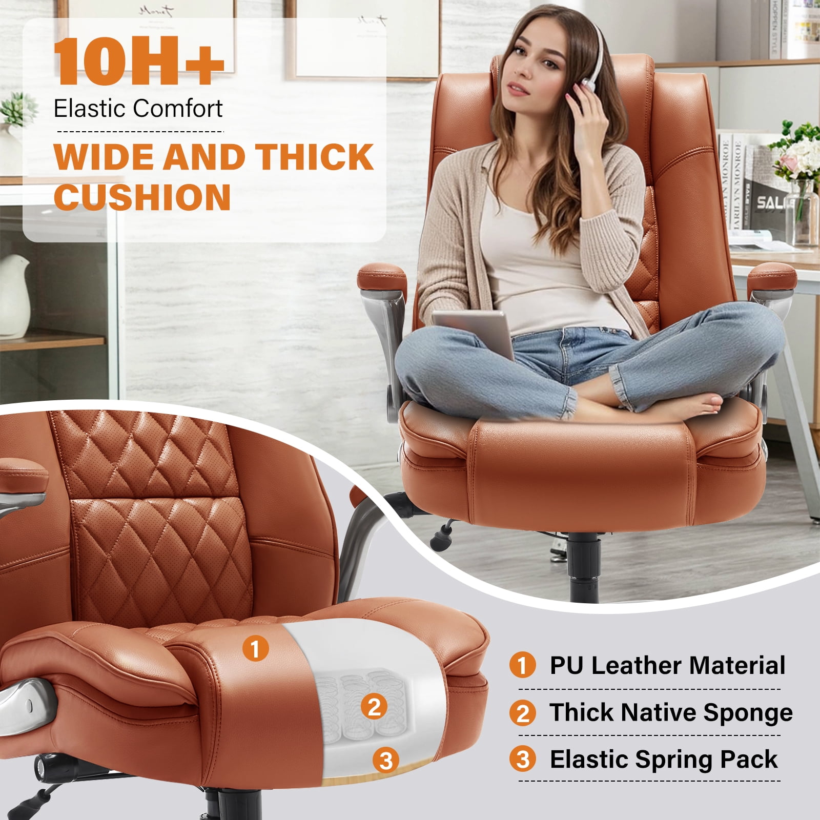 High Back Office Chair with Lumbar Support, Large Upholstered Executive Desk Chair, Faux Leather Computer Chair with Flip-up Arms, Rubber Wheels