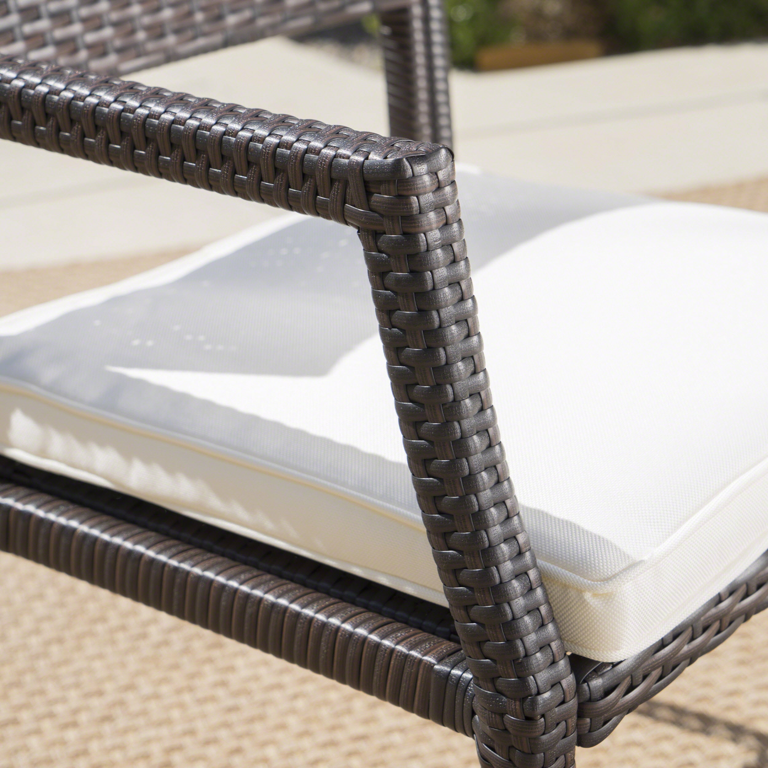 Outdoor 6 Piece Aluminum Dining Set with Bench and Wicker Dining Chairs with Cushions, White, Multibrown