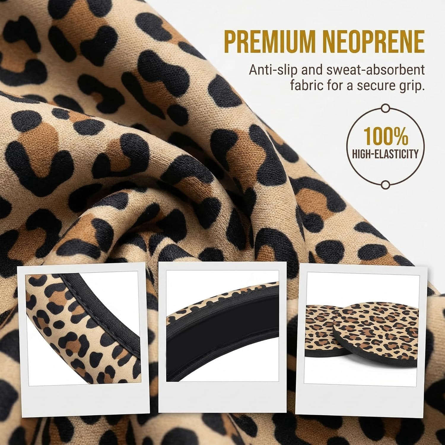 Leopard Cheetah Print Steering Wheel Cover - Universal 14-15 Inch Anti-Slip Breathable with 2pc Animal Print Matching Coasters Set for Men Women