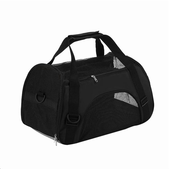 Foldable Waterproof Pet Travel Backpack with Adjustable Straps, 4-Side Mesh Ventilation & 3 Entry Points – Lightweight Scratch-Resistant Polyester Dog/Cat Carrier for Trips/Vet Visits, Black, Size L
