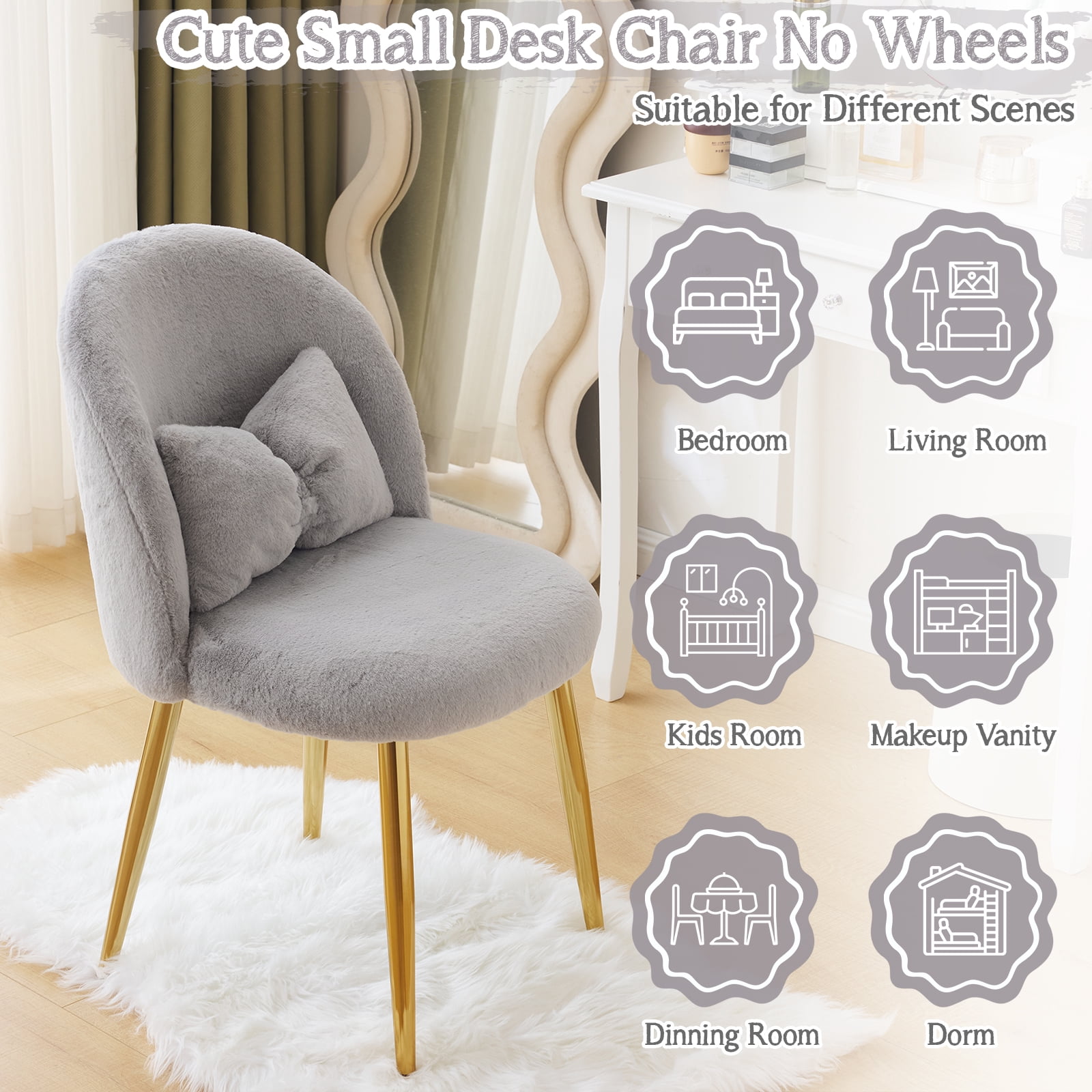 Ktaxon Vanity Makeup Chair Comfy Accent Chair Small Office Chair for Living Dining Room Bedroom Home Office Faux Rabbit Hair Gray
