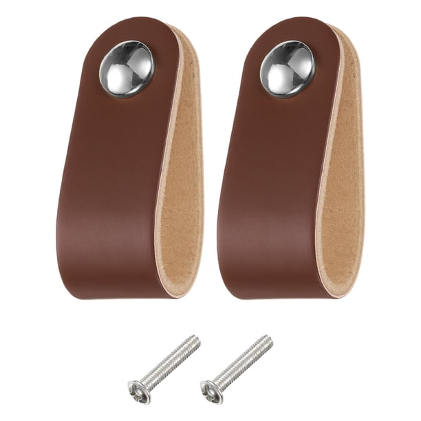 Uxcell 2 Paquetes Tiradores de Cajón de Cuero con Tornillos para Cajones, Marrón/Plata
