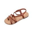 thumbnail image 3 of Women's Wide Width Flat Sandals, Breathable Braided Faux Leather Toe Post Shoes with Elastic Ankle Strap, Comfortable Non-Slip Walking Sandals for Summer, Beach, Daily Wear - Black/White/Brown, 3 of 10