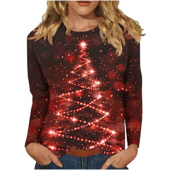 qelini Long Sleeve Shirts for Women Plus Size Christmas Crewneck Pullover Xmas Tree Print Tops Baggy Holiday Clothes