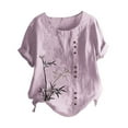 thumbnail image 2 of Fashion Womens Tops Retro Bamboo Print Casual Loose Cotton Linen Short Sleeve Pullover T Shirt PP2, 2 of 3
