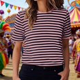 thumbnail image 5 of Shirts For Women Tees Tops Stripe Print Short Sleeve Crew Neck Casual Trendy Outfits Pink, 5 of 7