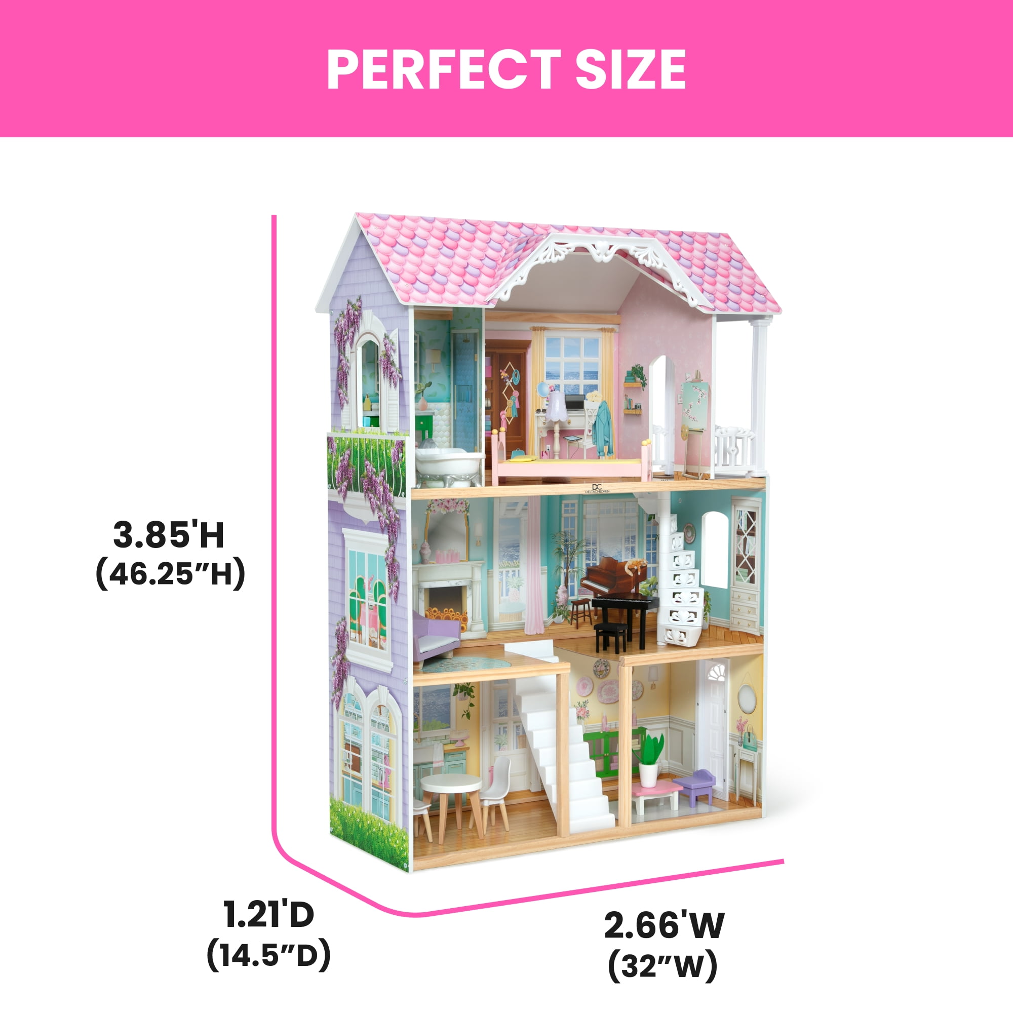 Delta Children MySize Dollhouse - Large 3-Story Dollhouse with 7