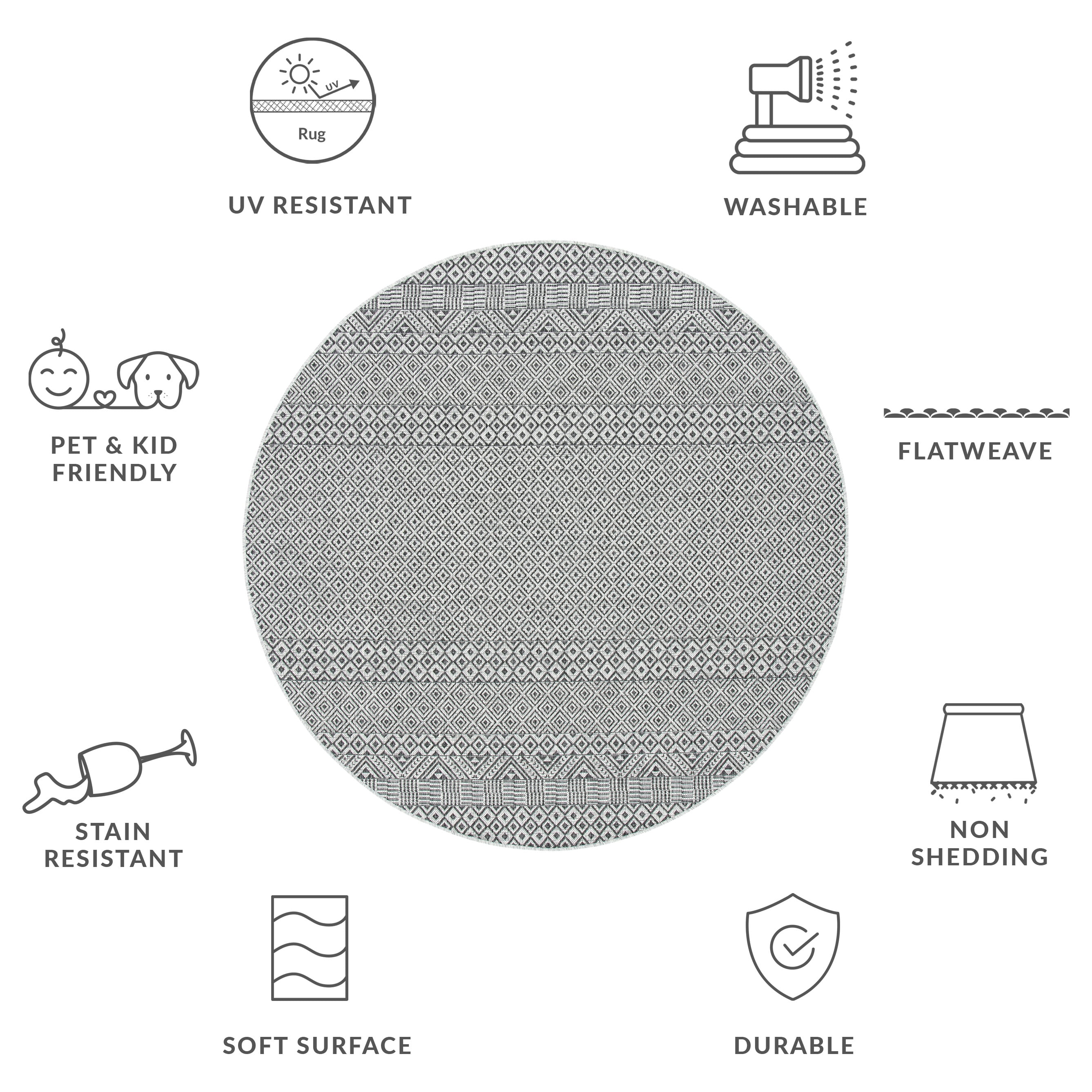 SAFAVIEH Courtyard Evander Geometric Indoor/Outdoor Area Rug, Gray/Black, 4' x 4' Round