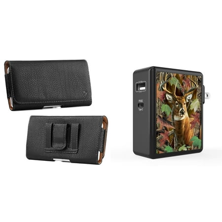 

Pouch and Wall Charger Bundle for OnePlus 10T 5G: Executive Belt Holster Case (Black) and 45W Dual USB Port PD Power Delivery Type-C and USB-A Power Adapter (Deer Hunter Camo)