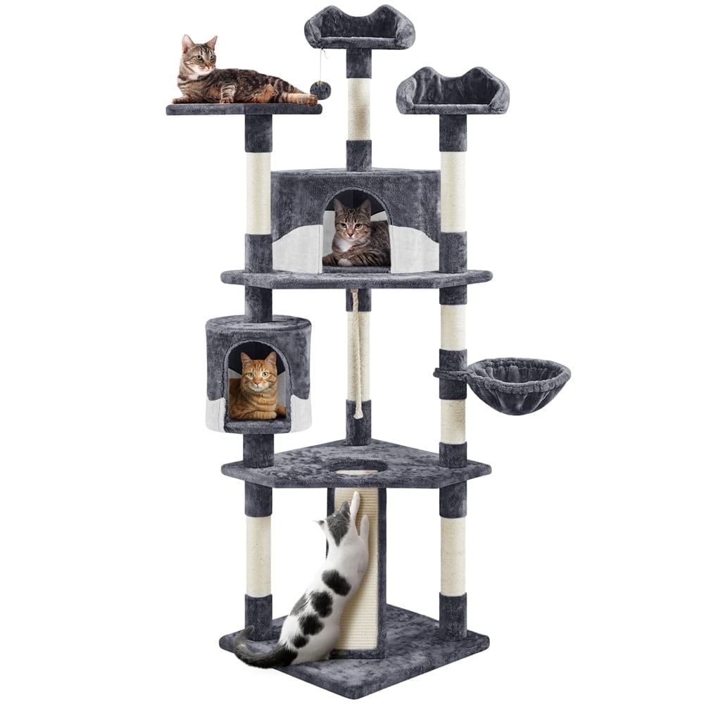 Yaheetech 79'' Multilevel Cat Tree with Basket Scratching Posts Ramp, Dark Gray & White