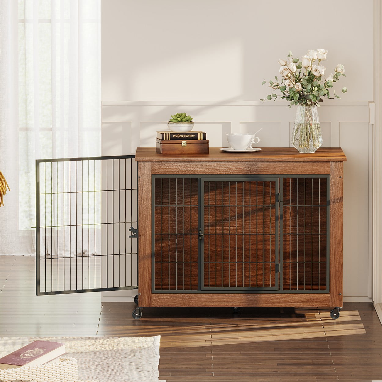 38.6" Dog Crate Furniture with Wheels for Small Dogs, Wooden Indoor Kennel with 2 Doors, Heavy Duty Metal Dog Cage End Table, Double Door Pet Crate, Brown