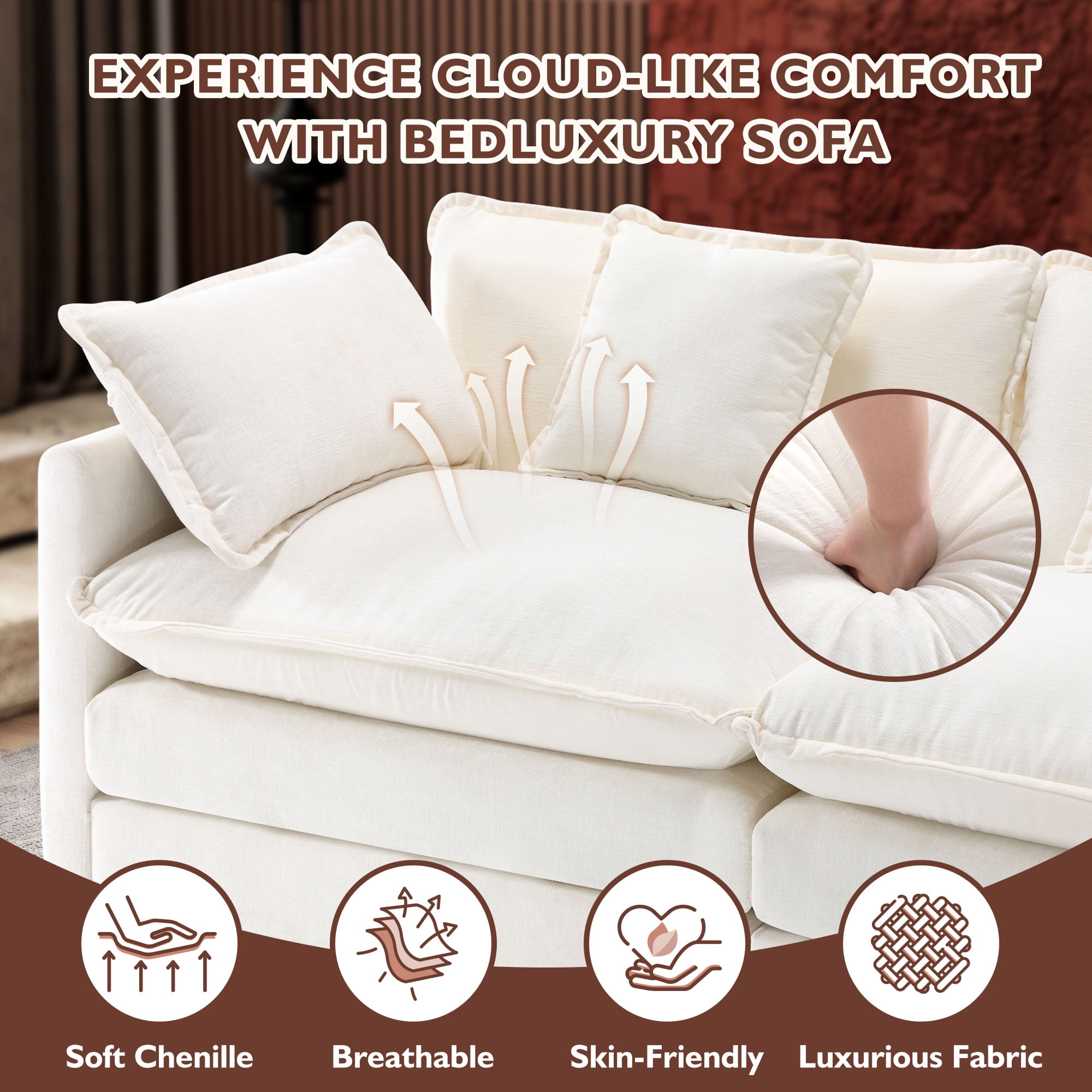 BedLuxury 146.5'' U shape Modular Sectional Sofa with Movable Ottomans, Modern Chenille Deep Seat Couches for Living Room, Apartment, Office, 4-Seat, Beige