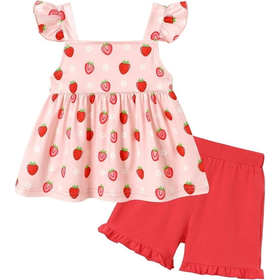 CARETOO Toddler Girl Clothes, 2pcs Baby Girl Summer Outfits Ruffle Sleeveless Shirts Floral Tops Shorts Clothing Set Size 12-18 Months
