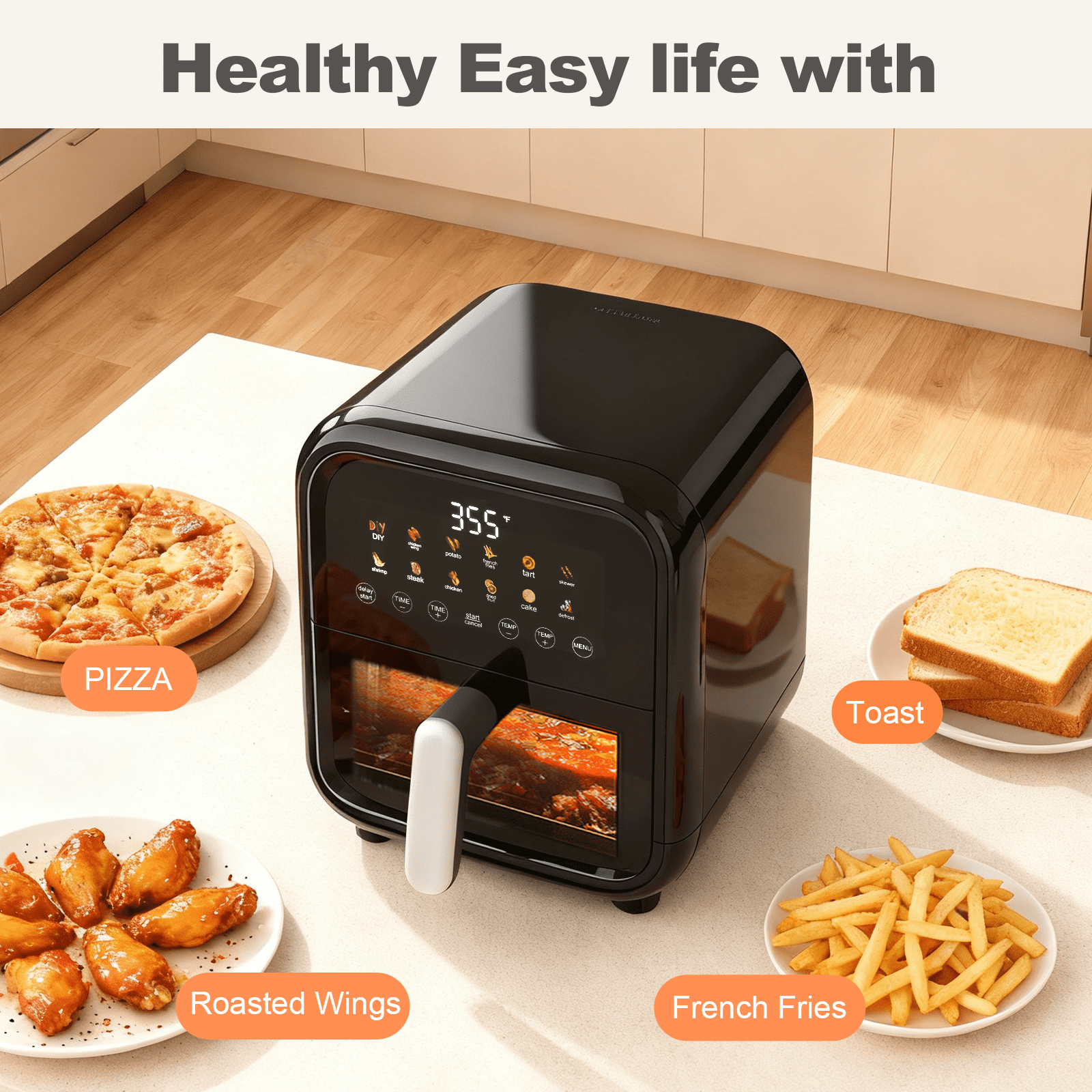 G-ocean Air fryer 7.5QT with 12 Functions, Digital Touch Screen, Visible Window, Black