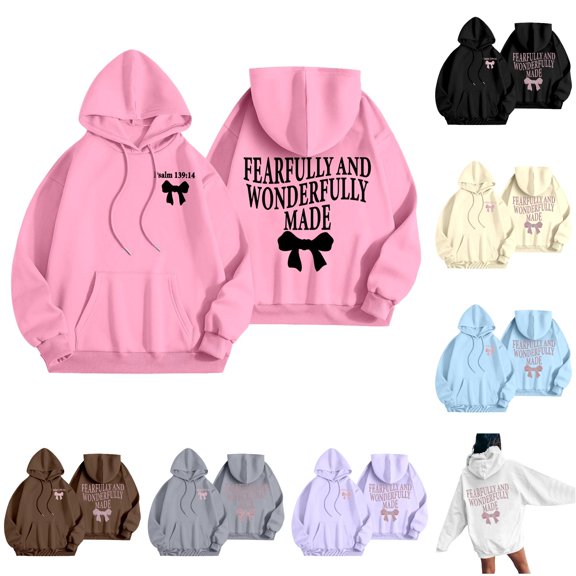NinXxx Women's Casual Autumn Winter Bow Print Hooded Sweatshirt Pink M