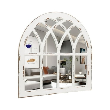 Parisloft 31.875"H Arched Windowpane Wood Framed Wall Mirror, Distressed White