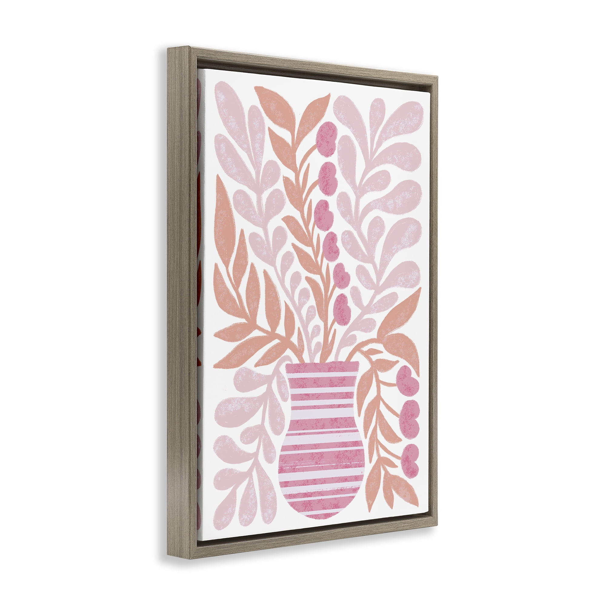 Stupell Industries Pink Fronds Vase Plants & Flowers Painting Brown Floater Framed Canvas Art Print Wall Art, 17 x 25