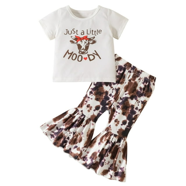 TheFound Kids Girls Summer Outfits Cow Head Print Short Sleeve T-shirt and Cow Pattern Flare Pants Set