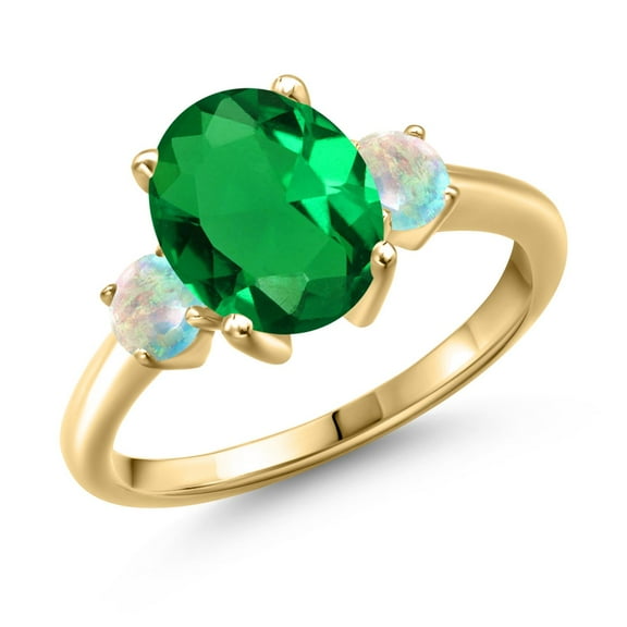 Gem Stone King 2.50 Ct Green Nano Emerald White Simulated Opal 18K Yellow Gold Plated Silver Ring (Size 7)