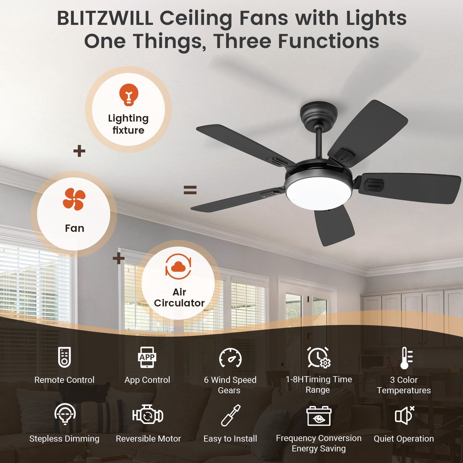 BLITZWILL Ceiling Fans with Lights and Remote & App Control, 42" Modern Ceiling Fan with 5 Dual-sided Blades, 6-Speeds Noiseless Reversible DC Motor for Farmhouse Bedroom Indoor, Black