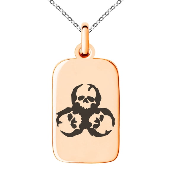 Stainless Steel Zombie Skull Biohazard Engraved Small Rectangle Dog Tag Charm Pendant Necklace