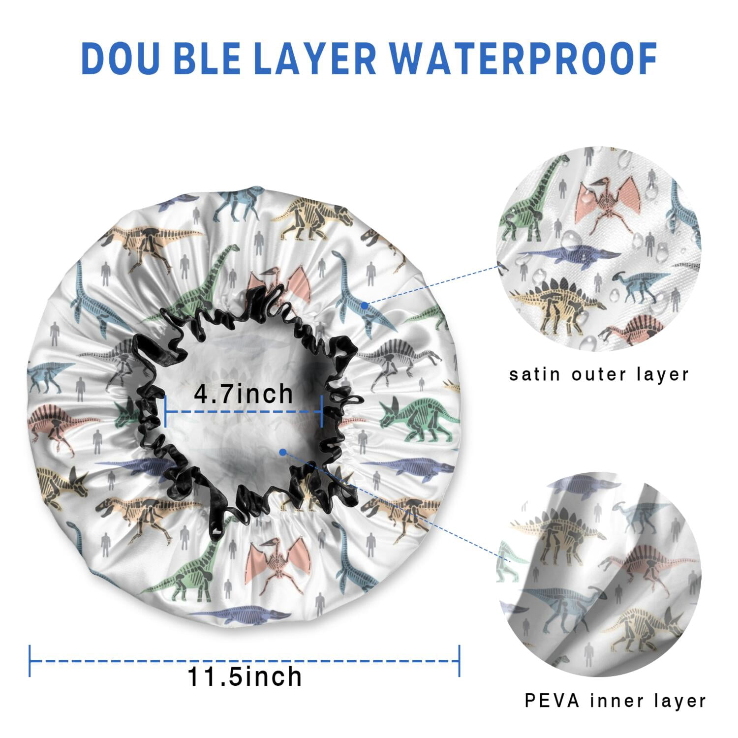 Shower Caps,White Dinosaurs Skeletons Pattern Waterproof Shower Cap for Women 4 Pieces,Double Reusable Hair Cover for Shower PEVA Elastic Stretch Hem