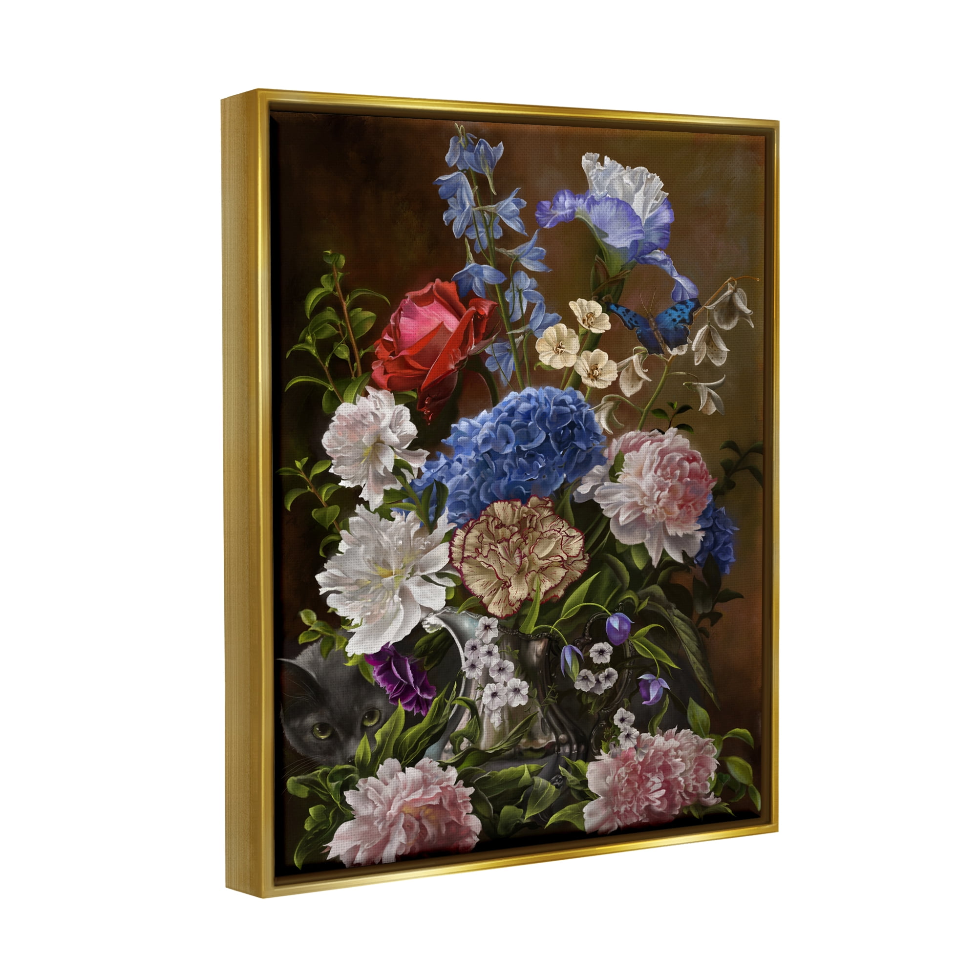 Stupell Industries Vintage Flowers & Cat Botanical & Floral Painting Gold Floater Framed Canvas Art Print Wall Art, 17 x 21