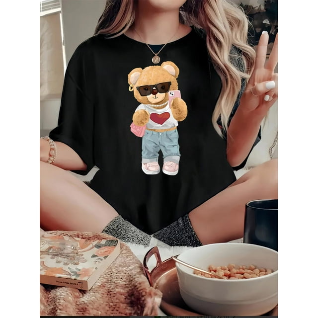 Chic Bear Print Women's T-Shirt - Casual Crew Neck, Short Sleeve, Stretchy Polyester Blend, Machine Washable - Perfect for Summer & Casual Attire