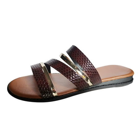 

Cathalem Ladies Fashion Solid Color Summer Leather Strap Combination Open Toe Flat Beach Slippers Brown 41