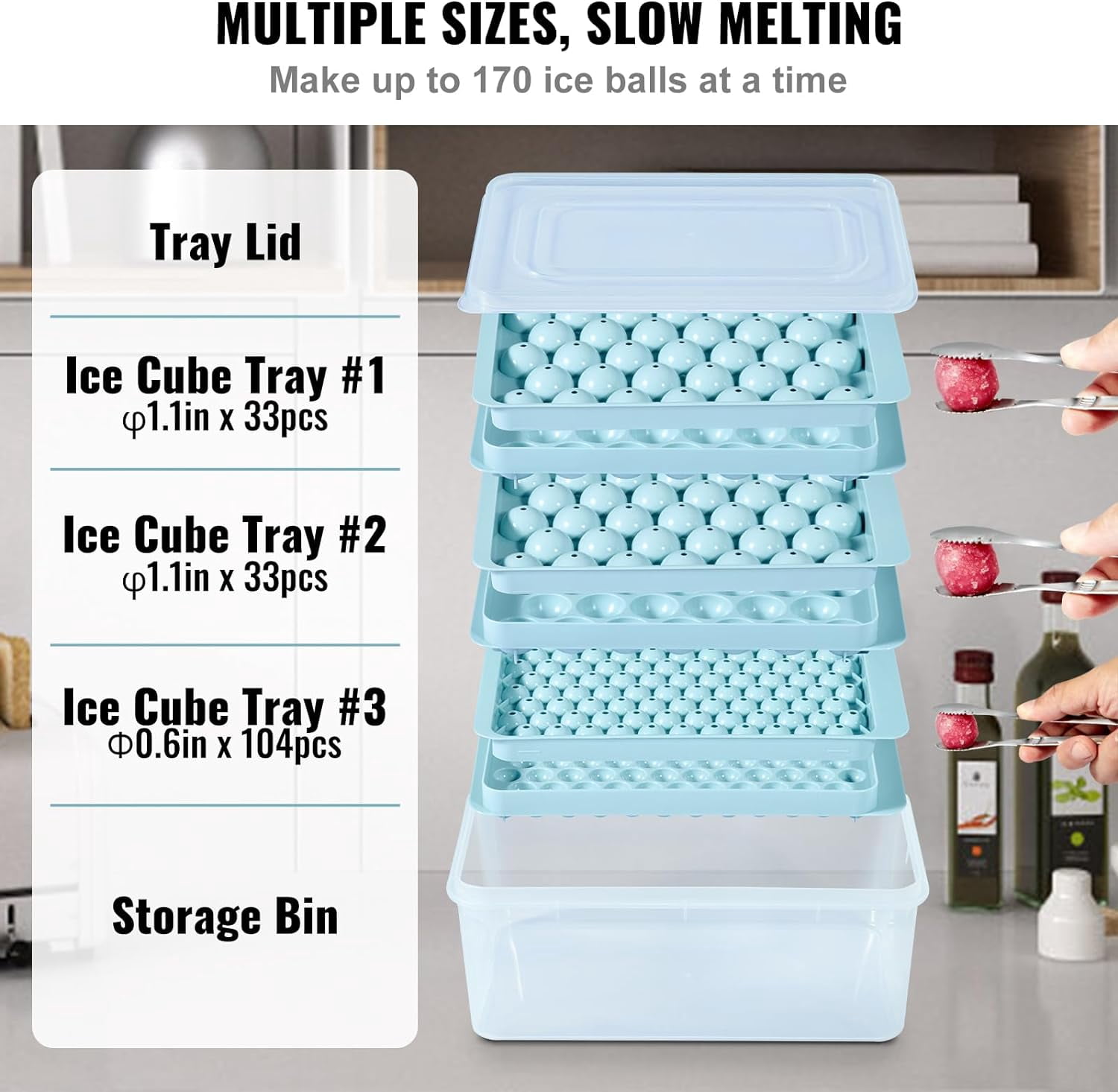 Ice Cube Tray, 3 Pack 170 Balls Mini Ice Cube Tray for Freezer, 2x33pcs and 1x104pcs Sphere Ice Cube Making for Chilling Cocktail Whiskey Tea Coffee, Include Ice Trays & Ice Bin & Scoop