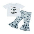 thumbnail image 2 of PENGXIANG Toddler Girl Clothes Set Short Sleeve  Neck Letter Printed T-Shirt +Rib Print Flare Pants Suit, 2 of 10