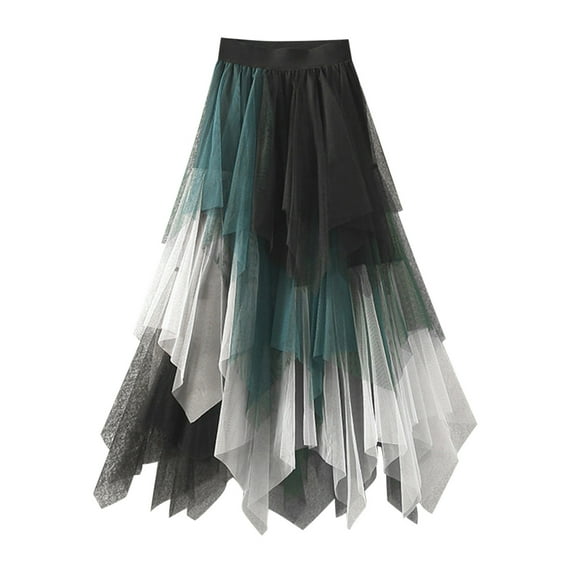 Asymmetrical Tulle Skirts for Women High Waist Layered A-Line Ruffle Pleated High Low Hem Casual Prom Mid Long Skirts