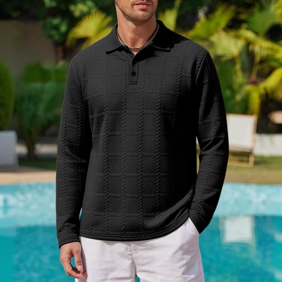CQONEPT Mens Long Sleeve Textured Shirts Button Up Collared Pullover Fall Casual Business Golf T Shirts Vintage Loose Fit Tops Black M