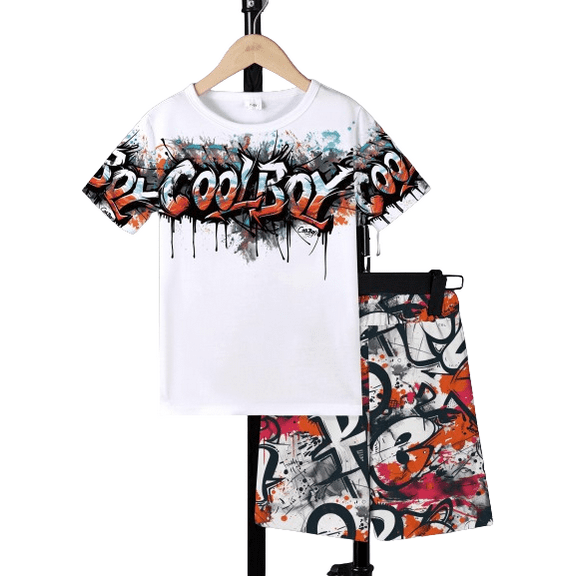 Mikrdoo Big Boys Summer Clothes Color Graffiti Print Casual Fashion Matching T-shirt & Elastic Full Print Shorts 2Pcs Outfits Sizes 7-15