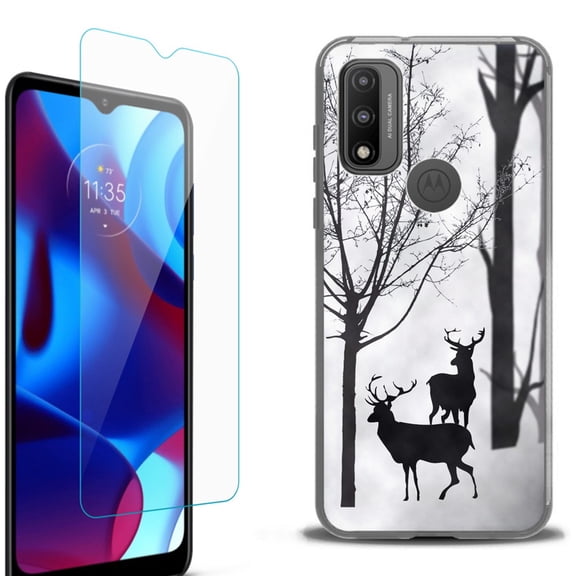 Slim-Fit Protective Phone Case (Black) compatible with Motorola Moto G Pure 5G, with Tempered Glass Screen Protector, by OneToughShield ® - Forest Deer