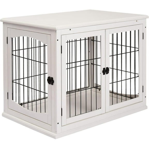 SAEWUD Dog Crate Furniture, Small Dog Cage End Table with Two Opening Sides, Lockable Door, Puppy Kennel Indoor, Cute and Decorative, Pure White