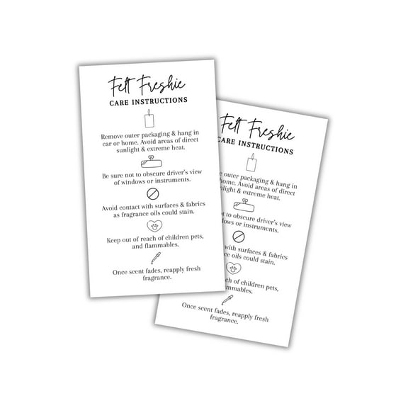 Felt Sublimation Car Air Freshener Care Instructions Cards 50pk 2x3.5 Freshie Hanger Aroma Bead Client Packaging Thank You Bags Labels