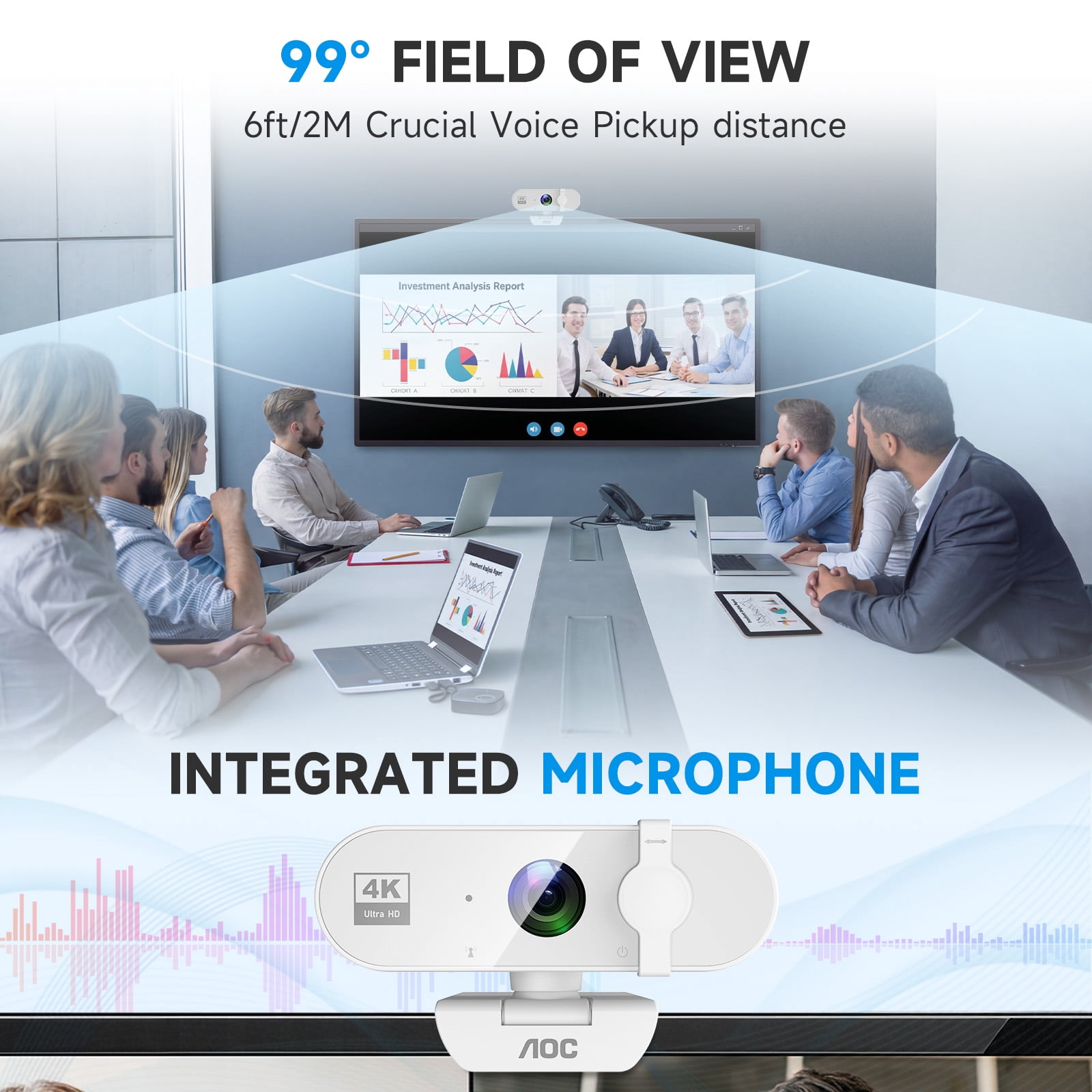 AOC 4K Webcam for PC with Noise Canceling Mic, Privacy Cover, 99° FOV, USB Plug and Play Computer Camera for Laptop Streaming Office, White