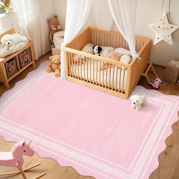 5x7 ft Scalloped Area Rug, Machine Washable Low Pile Rug with Non-Slip TPR Backing, Stain Resistant Soft Indoor Carpet for Living Room, Bedroom, Dining Room, Office,pink