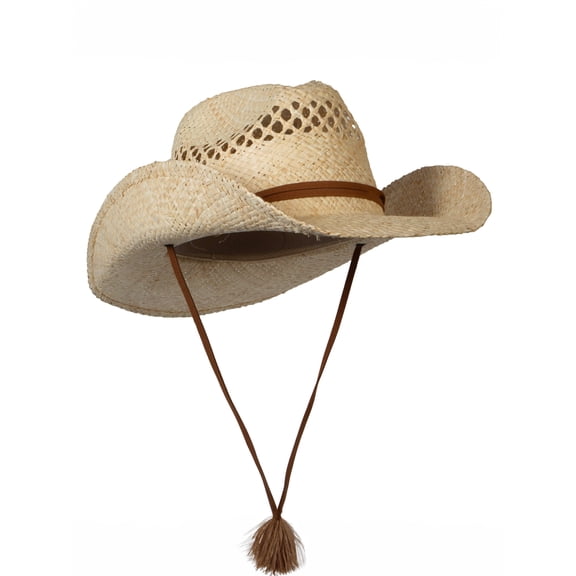 Top Headwear Women's Raffia Cowboy Hat - Western Raffia Outback Widebrim With Leather Chin Cord, Natural