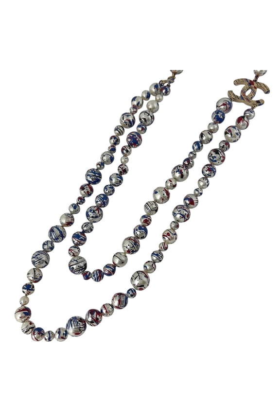 Pre-Owned Chanel necklace, long, painted, GP finish, faux pearl, gold, for women.