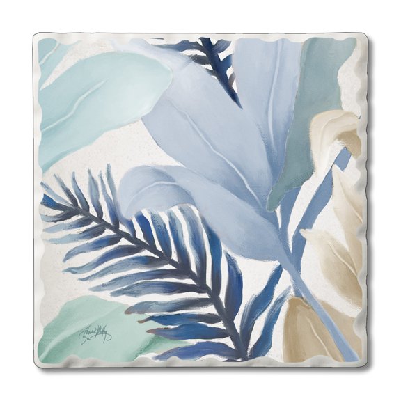 CounterArt "Blue Palms" 1 Pack Absorbent Stone Tumbled Tile Coaster 4" by 4"